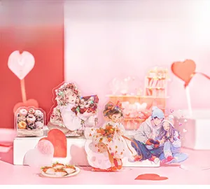 Macro shot of romantic Valentine PET stickers with colorful laser finish and anime characters