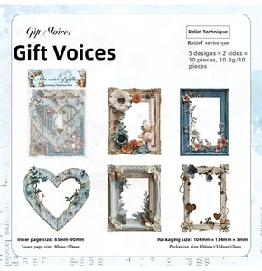 Close-up of vintage wood-style stickers with embossed floral and heart frame designs