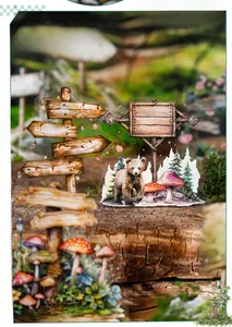 Detail of forest theme PET stickers featuring bears, mushrooms, and signs with die-cut edges
