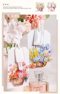 Close-up of floral PET stickers with spring flower basket designs for journaling