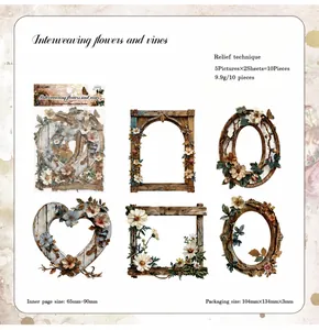 Detail of vintage embossed floral frame stickers for journaling and DIY crafts