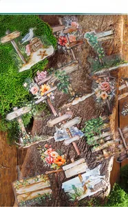 Macro shot of vintage nature PET stickers with signs and florals on mossy bark texture