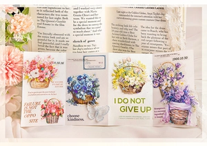 Macro detail of PET floral stickers with baskets and roses on vintage paper