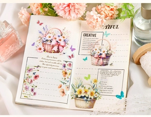 Detail of floral PET stickers featuring flower baskets and butterflies on white fabric