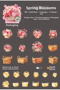 Detail of PET floral basket stickers with pearlescent finish and white ink for journaling