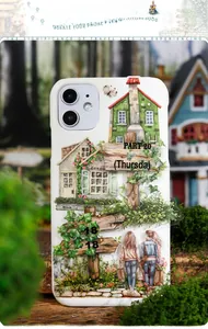 Close-up of PET stickers on a white phone case featuring European houses and travelers