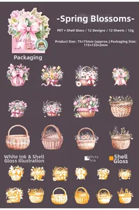 Detail of PET floral basket stickers with shell light effect and vibrant white ink printing