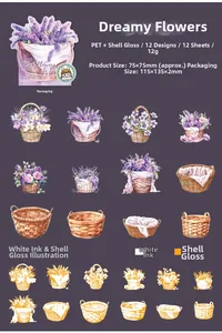 Detail of PET floral stickers with lavender baskets and pearlescent shell light finish