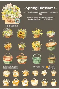 Detailed catalog of 12 floral basket PET stickers with shell light and white ink effects