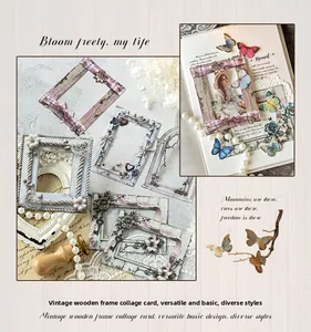 Detailed collage of vintage wooden frame cards with butterfly and floral paper elements