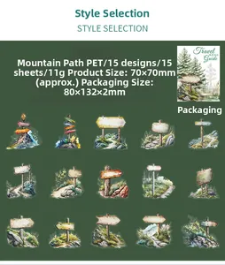 Detail view of 15-piece Mountain Path PET stickers with watercolor pine and rock designs