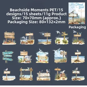 Detailed grid of 15 PET travel stickers featuring beach signs and seagull motifs