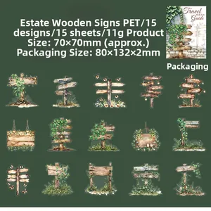 Detailed flat lay of 15 vintage wooden signpost PET stickers for scrapbooking and DIY decor