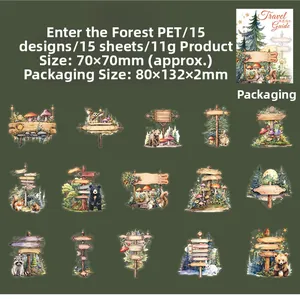 Detail of 15 forest theme PET stickers featuring hand-drawn bears, owls and wooden signs
