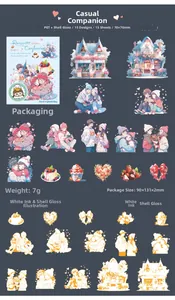 Detail of PET Valentine stickers with shell light finish and winter couple illustrations
