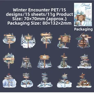 Macro detail of 15 PET travel guide stickers featuring winter road signs and snow cabins