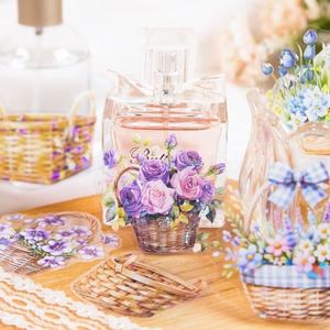 PET-Aufkleber mit Frühlingsblumenkörben, Rosen und Hortensien auf Parfümflaschen