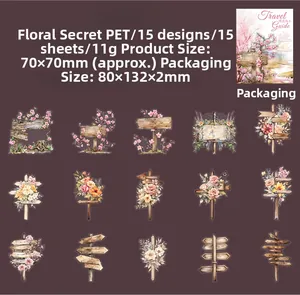 Detailed close-up of 15 vintage PET stickers featuring floral wooden signpost designs