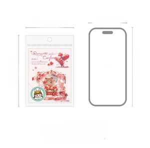 Romantic PET stickers pack measuring 90x131mm compared with an iPhone 15 size