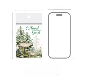 Size comparison of PET travel guide stickers measuring 80x132mm against an iPhone 15
