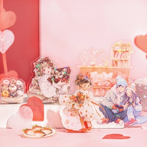 Romantic PET stickers with laser glitter coating featuring anime girl illustrations