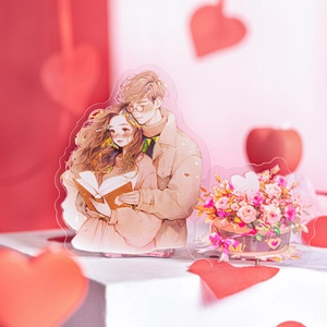 Romantic PET stickers set with couple reading and rose basket in holographic laser finish