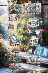 Détail du ruban PET décoratif avec motifs de jardins européens et sentiers en pierre