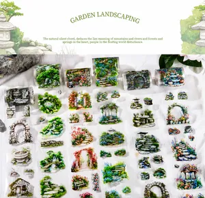 Ruban PET de jardin avec sentiers de pierre, arches fleuries et illustrations de fontaines