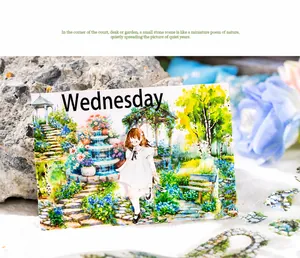 Détail du ruban de jardin en PET avec fille à l'aquarelle et fontaine sur pierres