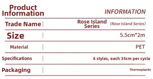 Detaillierte PET-Klebeband-Spezifikationen der Rose Island-Serie mit Maßen und Material