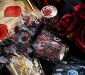 Detail von Rosen-PET-Klebeband mit Perlglanz-Effekt und Retro-Blumen für Bullet Journaling