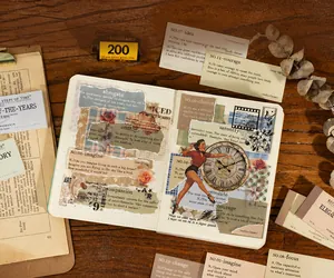 Macro view of vintage junk journal scrapbooking paper with retro english typography