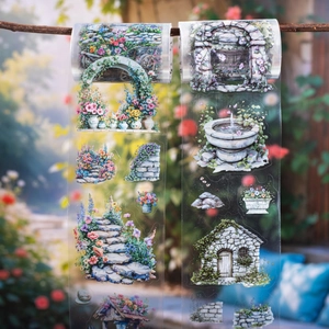 Ruban Décoratif en PET Paysage de Jardin Rétro Autocollant de Style Aquarelle Peint à la Main pour Décoration de Scrapbooking DIY