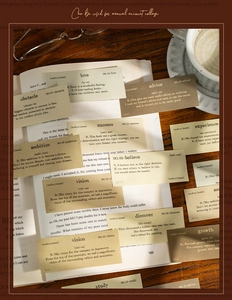 Macro detail of vintage English dictionary stickers for scrapbooking and journaling