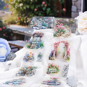 Ruban décoratif en PET jardin avec illustrations à l'aquarelle de fleurs et sentiers