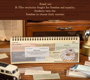Detail of vintage English word cards showing wisdom and purpose with ring binder design