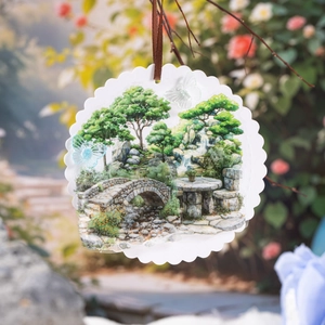 Pendentif circulaire paysage de jardin avec papillons 3D et ruban de suspension en soie