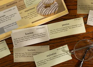 Vintage dictionary-style stickers featuring English words on aged paper with retro desktop