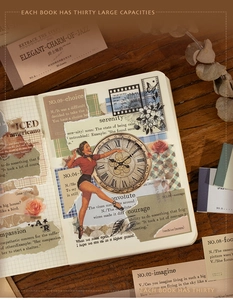 Detail showing vintage scrapbooking paper with clock and floral patterns on wood