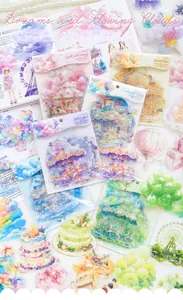 Macro shot of Dreamy Clouds PET stickers with romantic carousel and cloud patterns