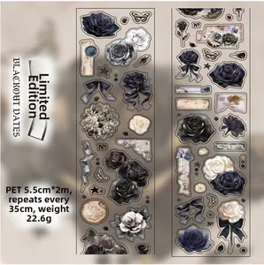 Detailansicht des Rose Island Vintage PET-Klebebands mit dunkelvioletten Rosen