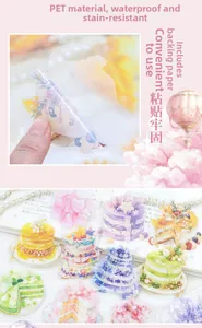 Detailed view of dreamy PET stickers showing waterproof material and cake patterns