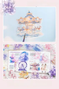 Close-up of translucent watercolor carousel stickers used for journaling decoration