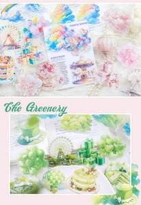 Macro view of dreamy purple and green PET stickers with hot air balloons and carousels