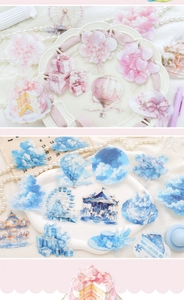 Detailed view of dreamy pastel PET stickers featuring carousels and balloons for journaling
