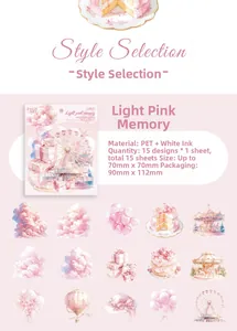 Macro detail of PET sticker set with pink hot air balloons and carousels for scrapbooking
