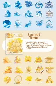 Detail of PET stickers featuring dreamy blue clouds and yellow amusement park icons