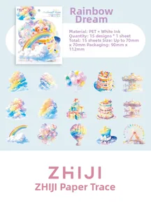Detail of PET rainbow dream stickers with illustrations of clouds and hot air balloons