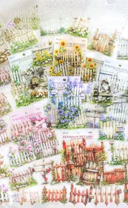 Floral PET stickers with hand-drawn garden fences, flowers and pets on lace background