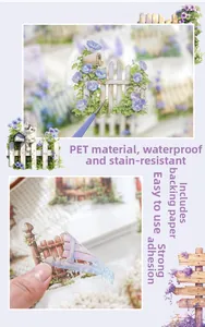 Detail showing waterproof PET floral stickers with cat motifs and transparent backing